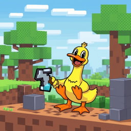 A pixel art style illustration of a cheerful duck character playing Minecraft