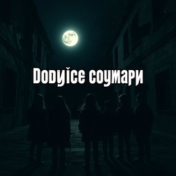 A dark, old courtyard at night illuminated by a bright moon, featuring six teenagers turned away from the viewer