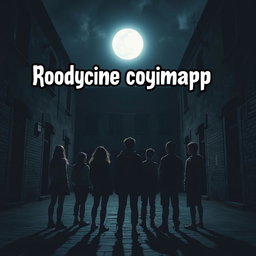 A dark, old courtyard at night illuminated by a bright moon, featuring six teenagers turned away from the viewer