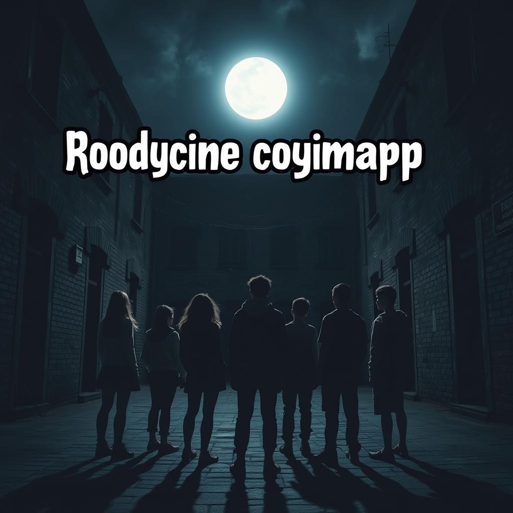 A dark, old courtyard at night illuminated by a bright moon, featuring six teenagers turned away from the viewer