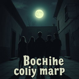 A dark, old courtyard at night illuminated by a bright moon, featuring six teenagers turned away from the viewer