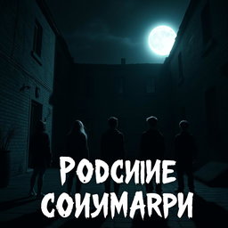 A dark, old courtyard at night illuminated by a bright moon, featuring six teenagers turned away from the viewer
