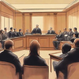 A filtered view of a family court in session, showcasing the judge, lawyers, and family members engaged in a civil discussion, emphasizing the respectful and sober nature of the proceedings.