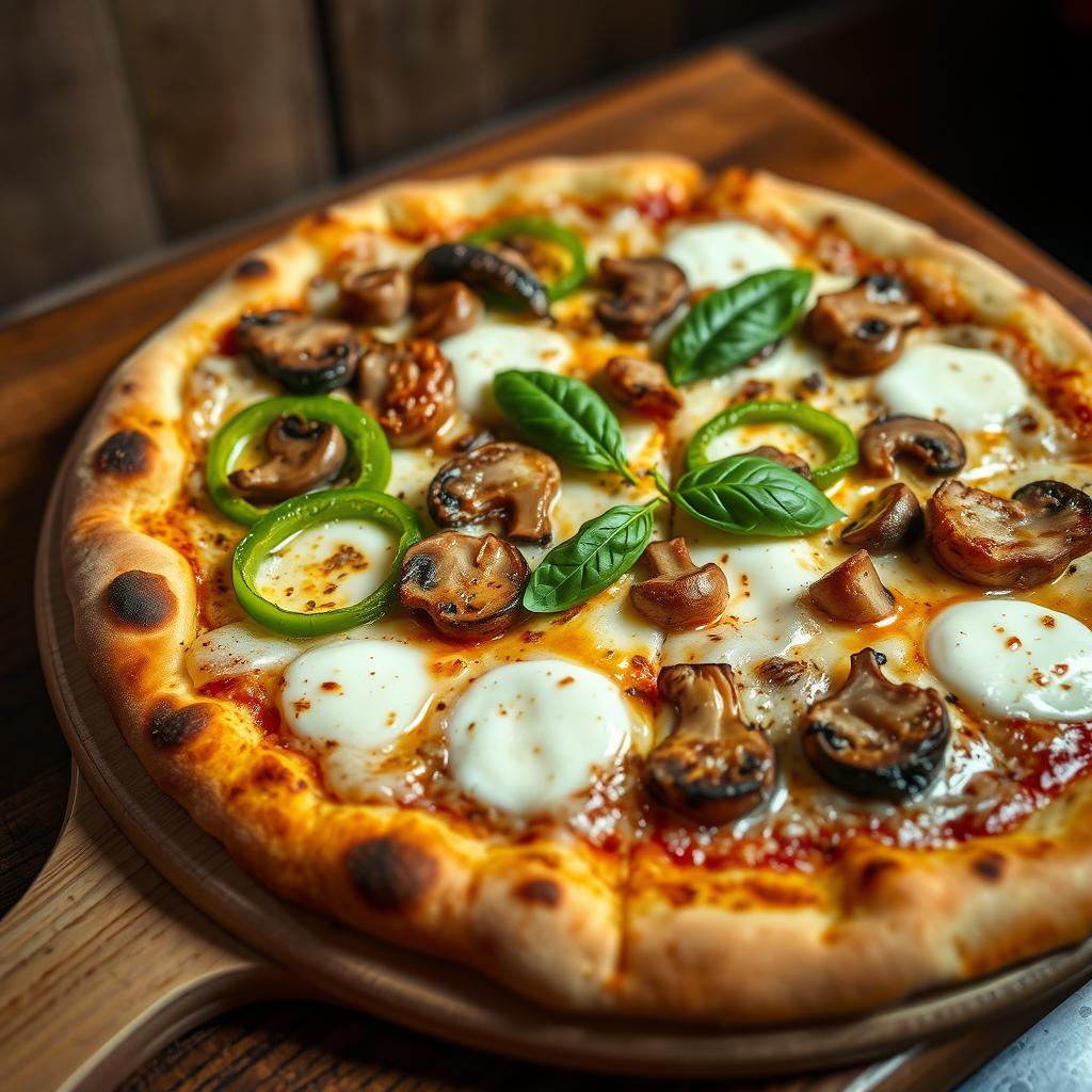 A tantalizing green capsicum and mushroom pizza featuring a perfectly baked golden crust with a slightly charred edge
