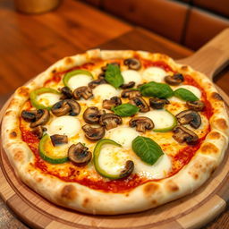 A tantalizing green capsicum and mushroom pizza featuring a perfectly baked golden crust with a slightly charred edge