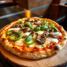 A tantalizing green capsicum and mushroom pizza featuring a perfectly baked golden crust with a slightly charred edge
