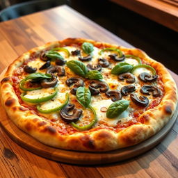 A tantalizing green capsicum and mushroom pizza featuring a perfectly baked golden crust with a slightly charred edge