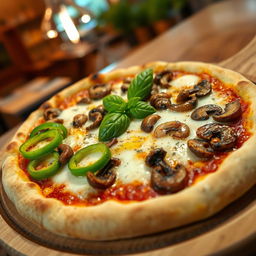 An appetizing green capsicum and mushroom pizza, featuring a perfectly baked, golden-brown crust that is crispy around the edges