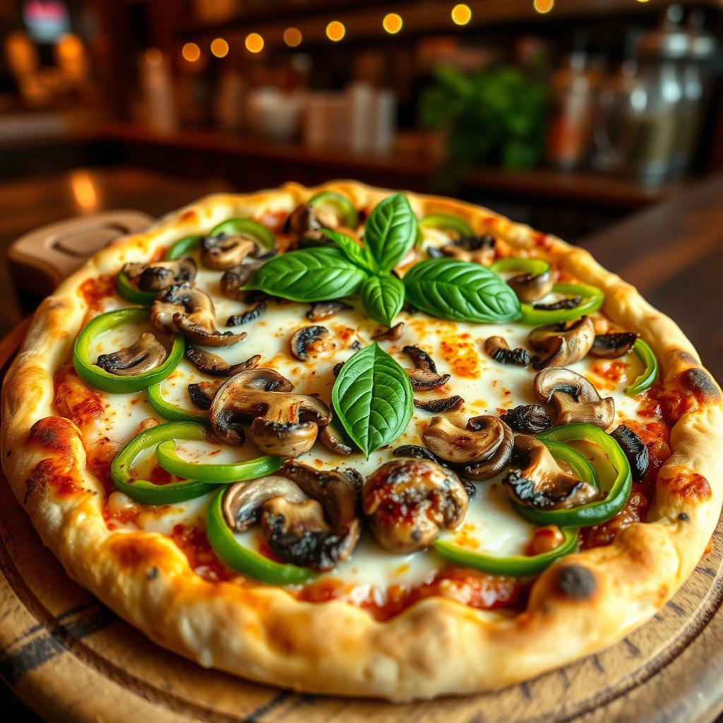An appetizing green capsicum and mushroom pizza, featuring a perfectly baked, golden-brown crust that is crispy around the edges