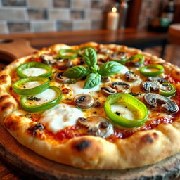 An appetizing green capsicum and mushroom pizza, featuring a perfectly baked, golden-brown crust that is crispy around the edges