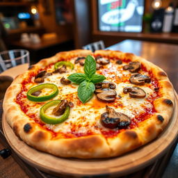 An appetizing green capsicum and mushroom pizza, featuring a perfectly baked, golden-brown crust that is crispy around the edges