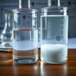 A detailed close-up image of two laboratory beakers placed on a wooden lab table