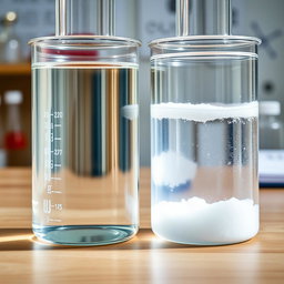 A detailed close-up image of two laboratory beakers placed on a wooden lab table