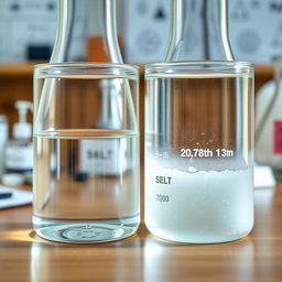 A detailed close-up image of two laboratory beakers placed on a wooden lab table