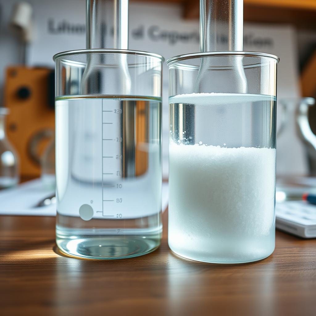 A detailed close-up image of two laboratory beakers placed on a wooden lab table