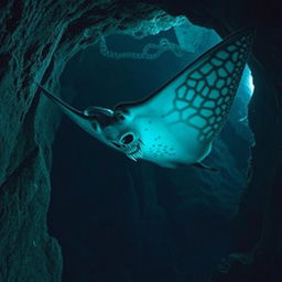 A flying manta ray with a demonic skull face featuring sharp teeth, exuding an aura of evil, gliding ominously inside a dark cave illuminated by eerie phosphorescent lights