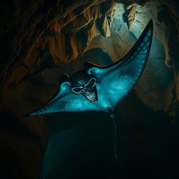 A flying manta ray with a demonic skull face featuring sharp teeth, exuding an aura of evil, gliding ominously inside a dark cave illuminated by eerie phosphorescent lights