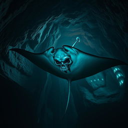 A flying manta ray with a demonic skull face featuring sharp teeth, exuding an aura of evil, gliding ominously inside a dark cave illuminated by eerie phosphorescent lights