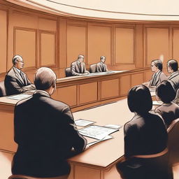 A filtered view of a family court in session, showcasing the judge, lawyers, and family members engaged in a civil discussion, emphasizing the respectful and sober nature of the proceedings.