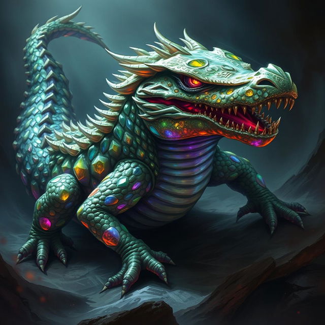 A fearsome basilisk resembling a crocodile, with shimmering crystals as its scales, reflecting light in a dazzling array of colors