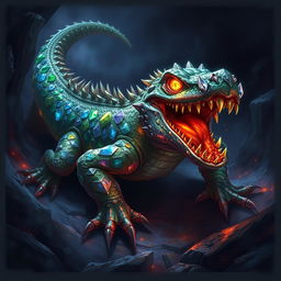 A fearsome basilisk resembling a crocodile, with shimmering crystals as its scales, reflecting light in a dazzling array of colors