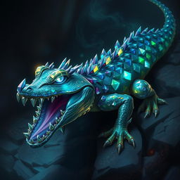 A fearsome basilisk resembling a crocodile, with shimmering crystals as its scales, reflecting light in a dazzling array of colors