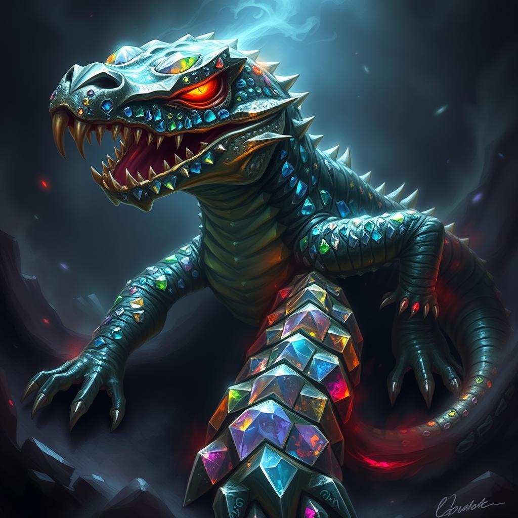 A fearsome basilisk resembling a crocodile, with shimmering crystals as its scales, reflecting light in a dazzling array of colors