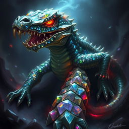 A fearsome basilisk resembling a crocodile, with shimmering crystals as its scales, reflecting light in a dazzling array of colors
