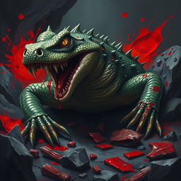 A terrifying basilisk resembling a crocodile, with crystals embedded in its scales that glisten menacingly