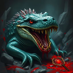 A terrifying basilisk resembling a crocodile, with crystals embedded in its scales that glisten menacingly