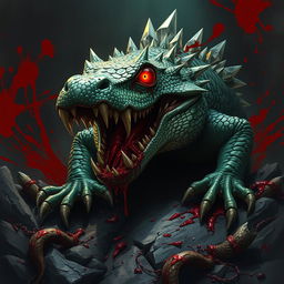 A terrifying basilisk resembling a crocodile, with crystals embedded in its scales that glisten menacingly