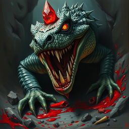 A terrifying basilisk resembling a crocodile, with crystals embedded in its scales that glisten menacingly