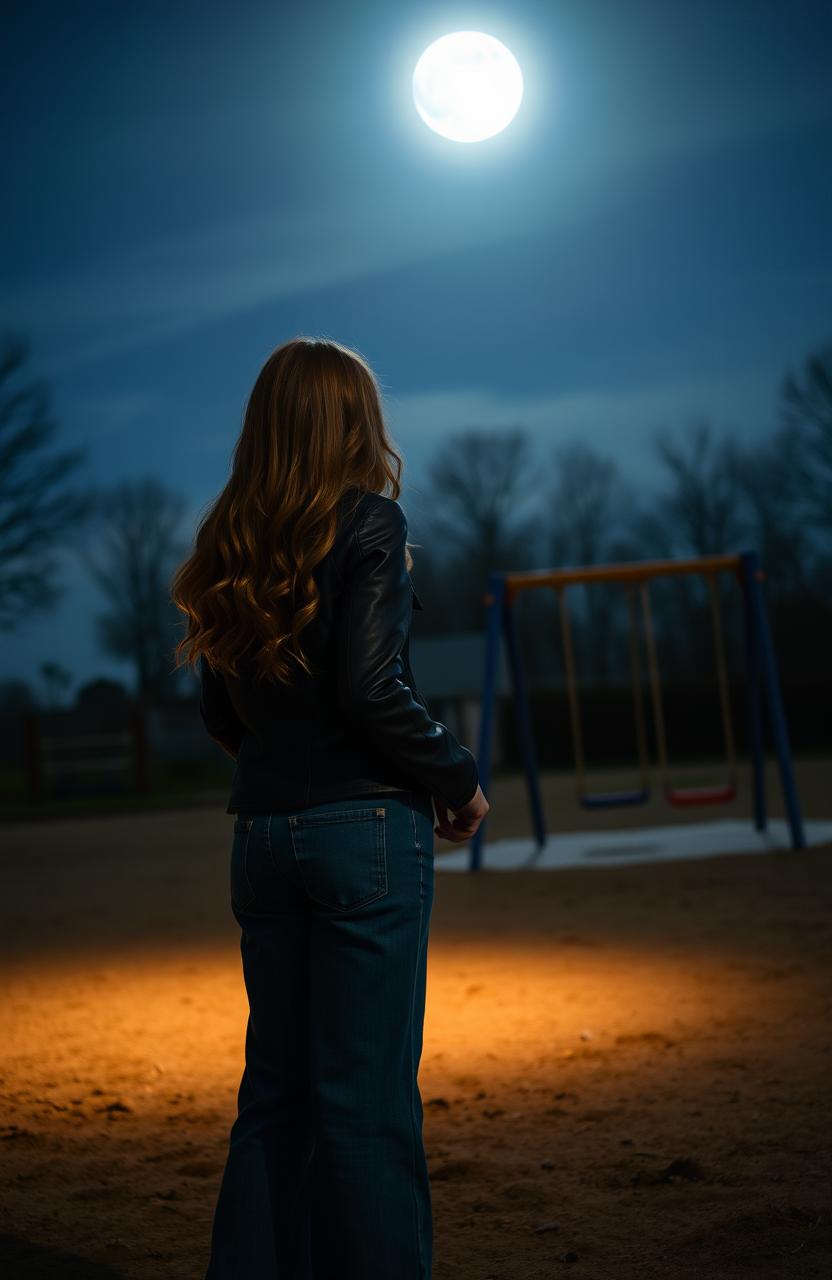 A serene night scene featuring a deserted children's playground illuminated by the soft glow of the moon, casting gentle shadows on the ground