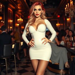 A full-length portrait of a 19-year-old very beautiful girl with soft round facial features and a pear-shaped body, displaying wide fat hips, large round thighs, and thick legs