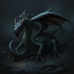 A sinister wingless dragon with a long, worm-like body, covered in slimy textures and depicting an ominous presence