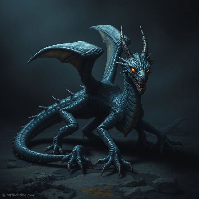 A sinister wingless dragon with a long, worm-like body, covered in slimy textures and depicting an ominous presence