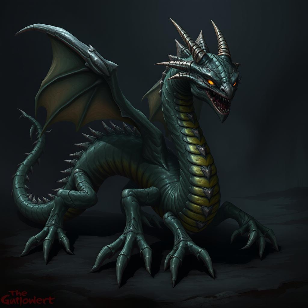 A sinister wingless dragon with a long, worm-like body, covered in slimy textures and depicting an ominous presence