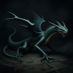 A sinister wingless dragon with a long, worm-like body, covered in slimy textures and depicting an ominous presence