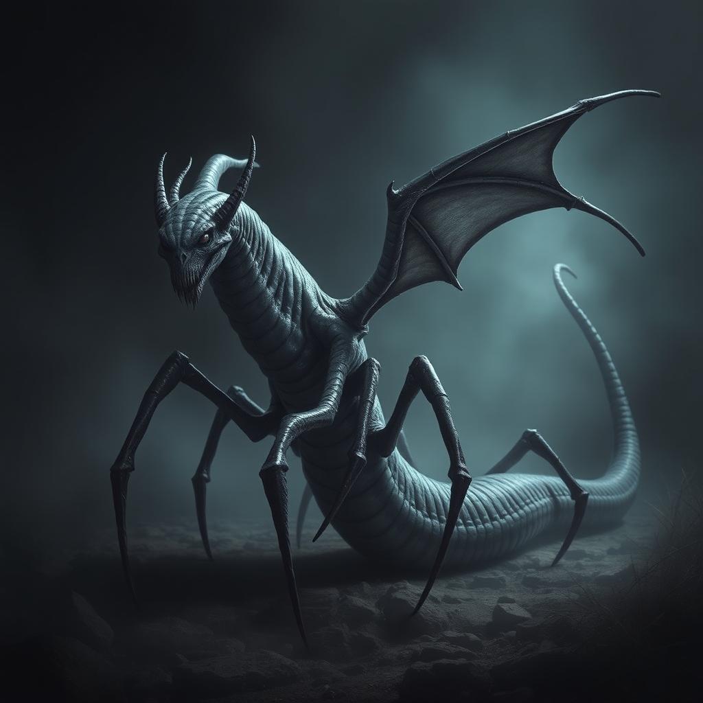 A terrifying wingless creature with a long, worm-like body that writhes menacingly