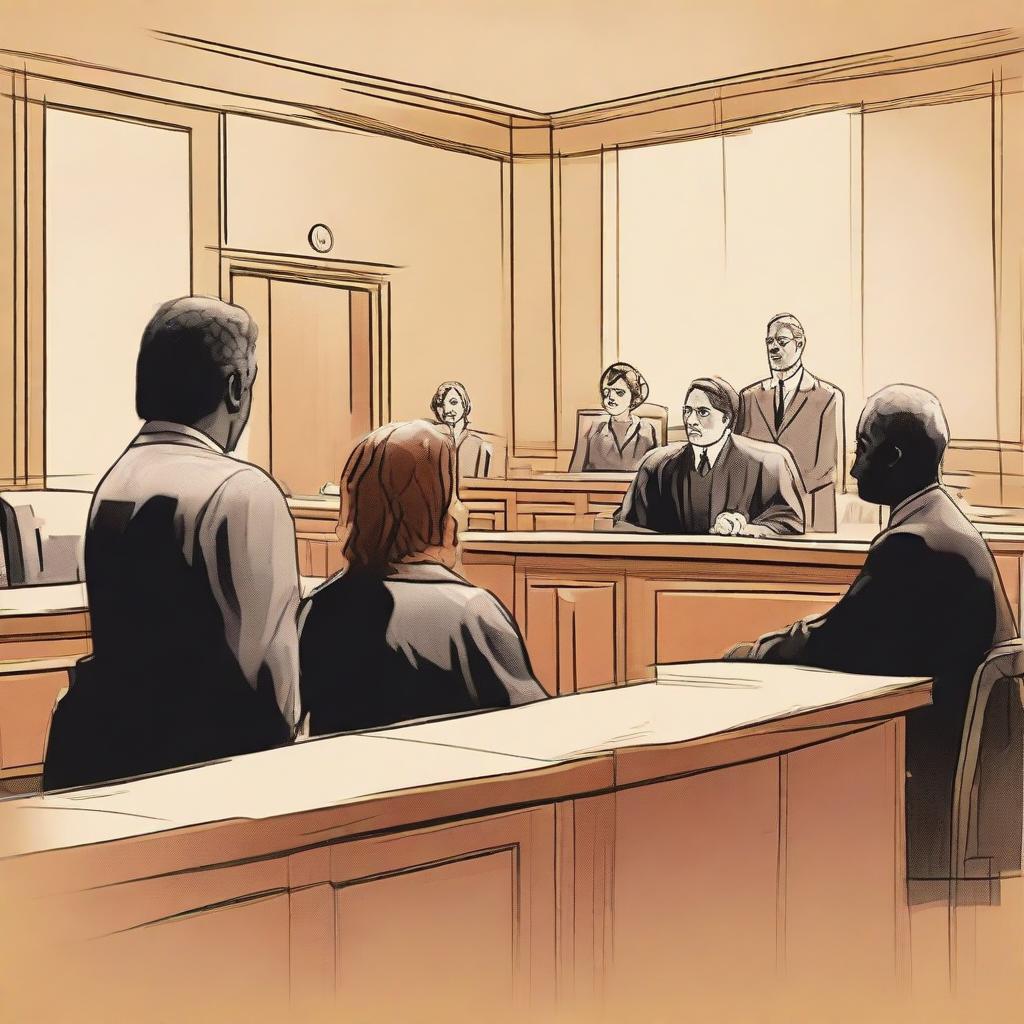 A filtered view of a family court in session, showcasing the judge, lawyers, and family members engaged in a civil discussion, emphasizing the respectful and sober nature of the proceedings.