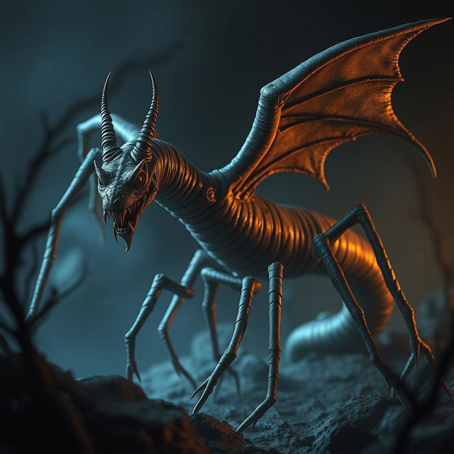 A terrifying wingless creature with a long, worm-like body that writhes menacingly