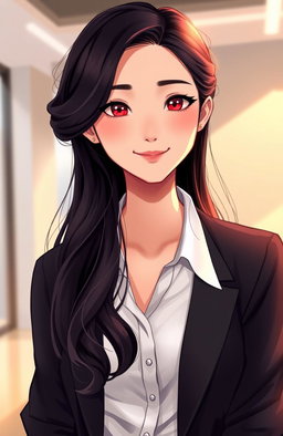 A semi-realistic digital illustration of a young East Asian woman with long, wavy black hair styled in a butterfly cut