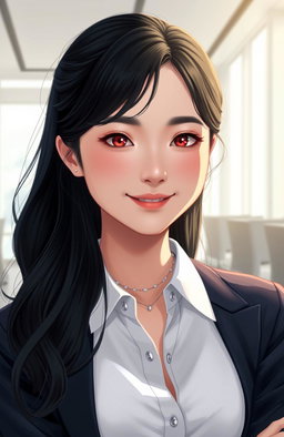 A semi-realistic digital illustration of a young East Asian woman with long, wavy black hair styled in a butterfly cut