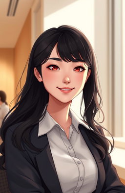 A semi-realistic digital illustration of a young East Asian woman with long, wavy black hair styled in a butterfly cut