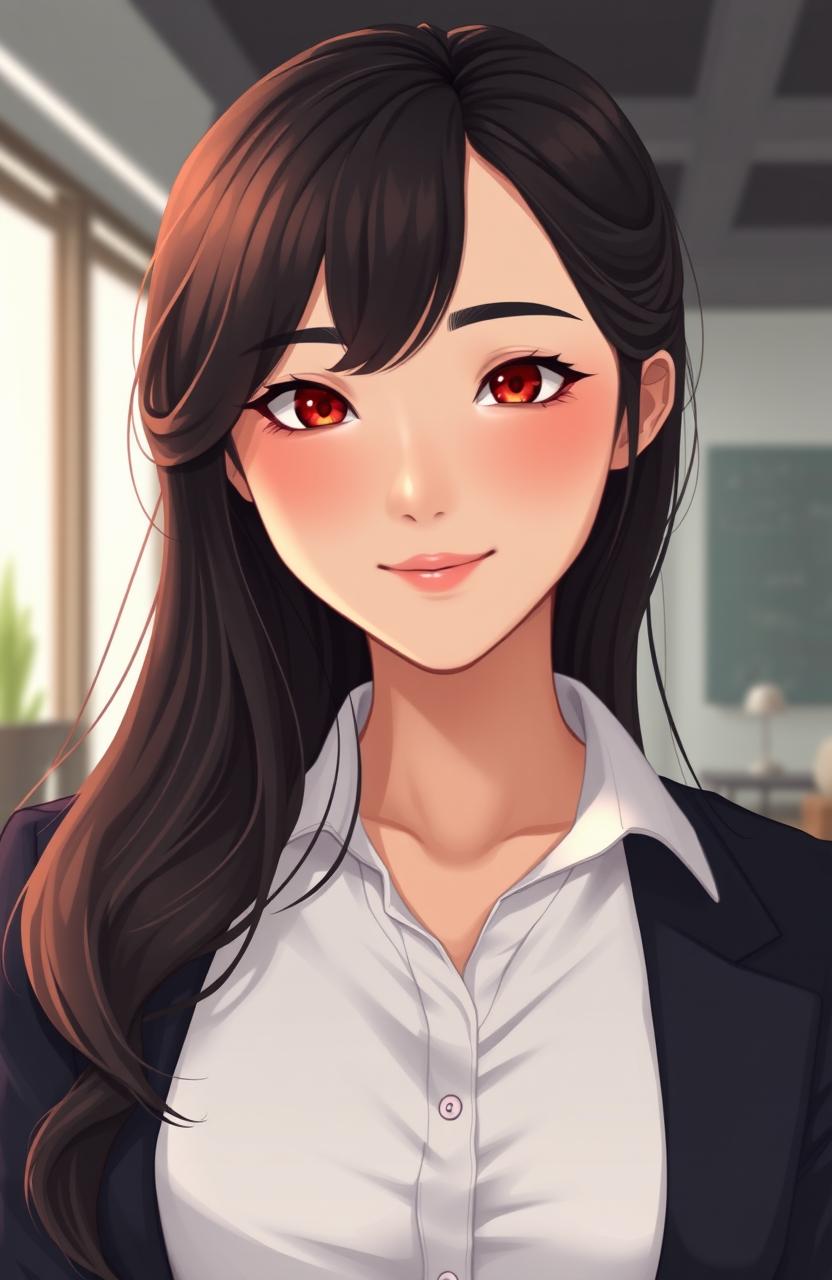 A semi-realistic digital illustration of a young East Asian woman with long, wavy black hair styled in a butterfly cut