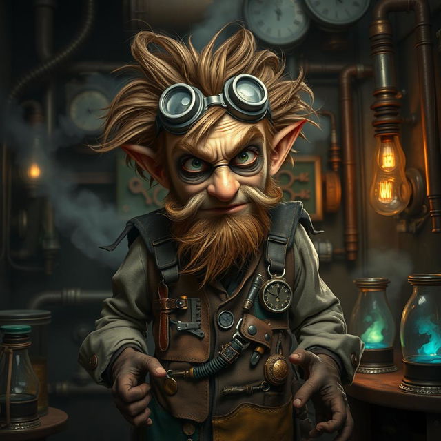 An eccentric halfling scientist portrayed as a mad inventor, immersed in a steampunk environment