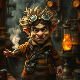 An eccentric halfling scientist portrayed as a mad inventor, immersed in a steampunk environment