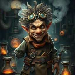 An eccentric halfling scientist portrayed as a mad inventor, immersed in a steampunk environment