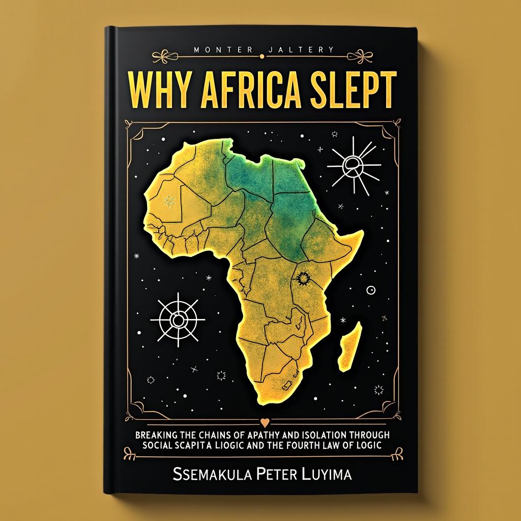 A captivating book cover design for "Why Africa Slept: Breaking the Chains of Apathy and Isolation Through Social Capital Logic and the Fourth Law of Logic" by Ssemakula Peter Luyima