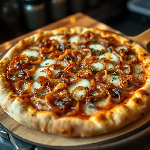 A mouthwatering onion pizza featuring a perfectly golden-brown crust that is crisp on the outside and soft on the inside